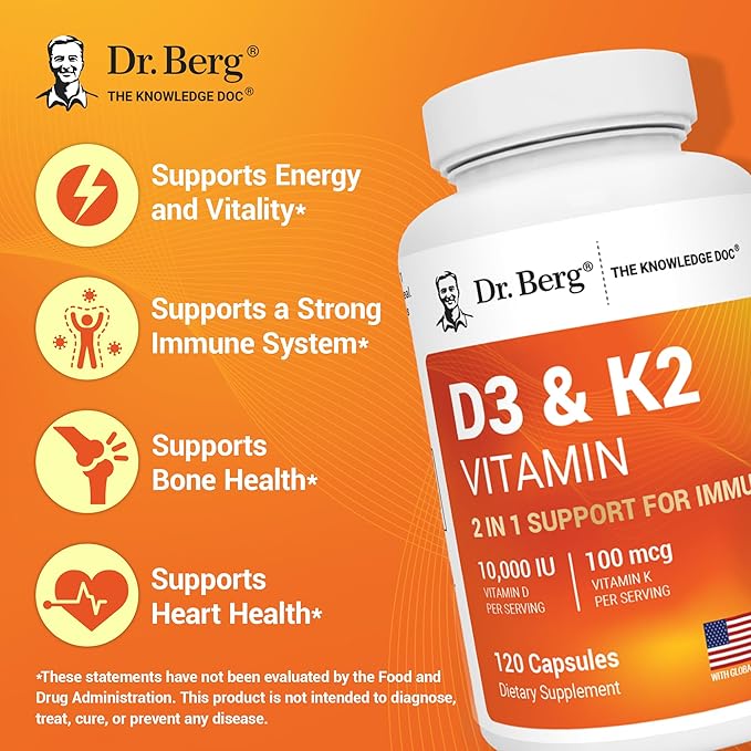 Dr. Berg D3/K2 10,000 IU Vitamin Supplement, 120 Capsules