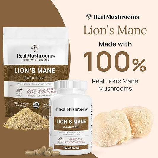 Real Mushrooms Lion's Mane Mushroom Powder, 120 Capsules